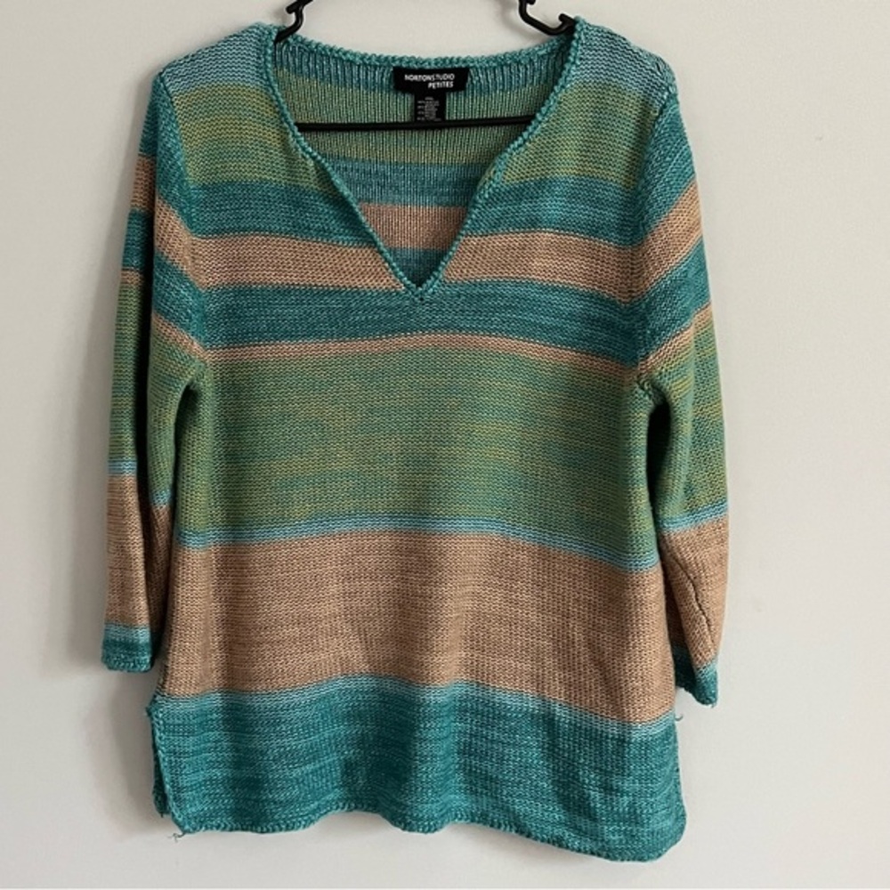 Norton Studio Blue, Green, Beige Color Block Coastal Knit Blouse